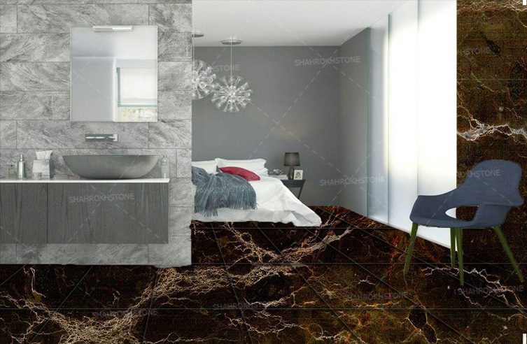 نما-حمام-آشپزخانه با سنگ دهبید مشکی با رگ های طلایی